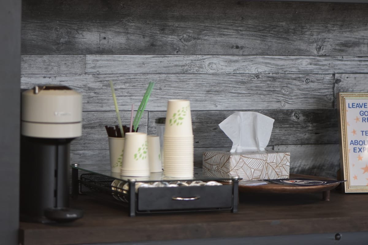 Complimentary coffee and refreshment station